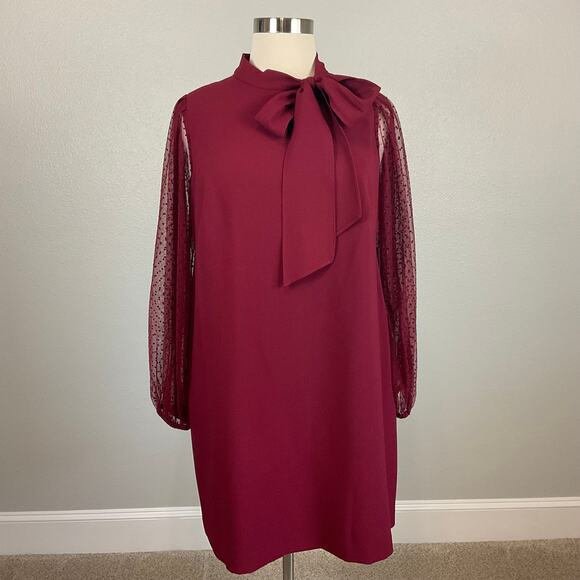 Vince Camuto Long Sleeve Mini Shift High Tie Neck Size 14W Bordeaux Red Holiday - Picture 2 of 13